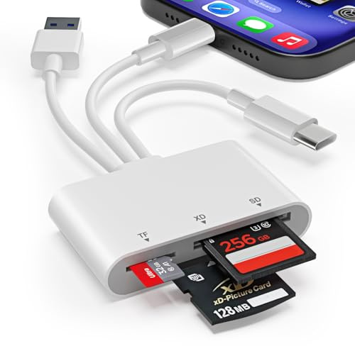 XD-Kartenleser für iPhone 17/16/15/14/iPad/Fuji/Olympus, 3 in 1 SD-Kartenleser für SD/TF/XDKarten mit Lightning+USB A+USB C XD Card Adapter für iPhone/iPad/PC/Android/MAC, Plug & Play