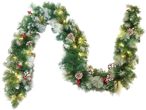 Aufun Weihnachts-Girlande 3m künstlich mit Beleuchtung 50 LEDs Deko, Tannengirlande mit Rote Beere Schneeflocke 8 Modus Warmweiß Lichterketten, für Haus Treppen Kamin Haustür Innen Außen