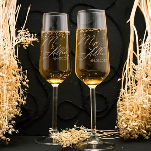 Flûtes à champagne personnalisées – Lot de 2 – Verres de mariage personnalisés, Mr et Mrs, flûtes à griller gravées pour cadeau de mariée et de marié, cadeau de mariage personnalisé
