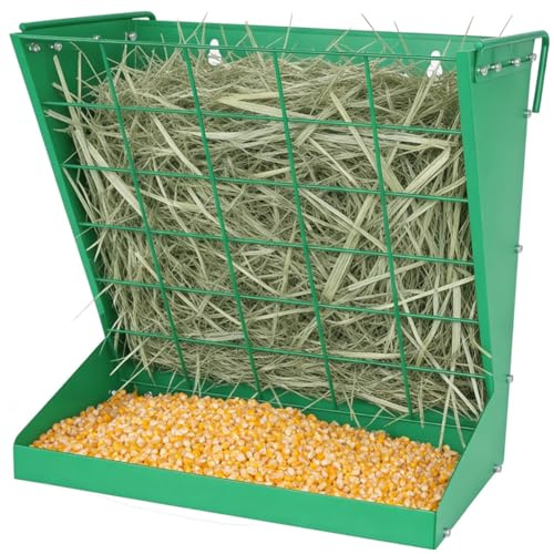 Wall Mount Hay Feeder,2 in 1 Hay & Grain Livestock Feeder,Heavy-Duty Metal Wall Mount Hay Rack for Goats/Sheep, Horses, Cattle