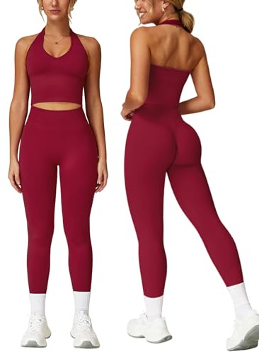 IDOPIP Sport-Set Damen Neckholder Zweiteiler: Rückenfrei Gym Set Hoch Taile Po-formende Leggings mit Scrunch-Effekt - Sportanzug für Fitness Yoga Pilates Workout rot Medium