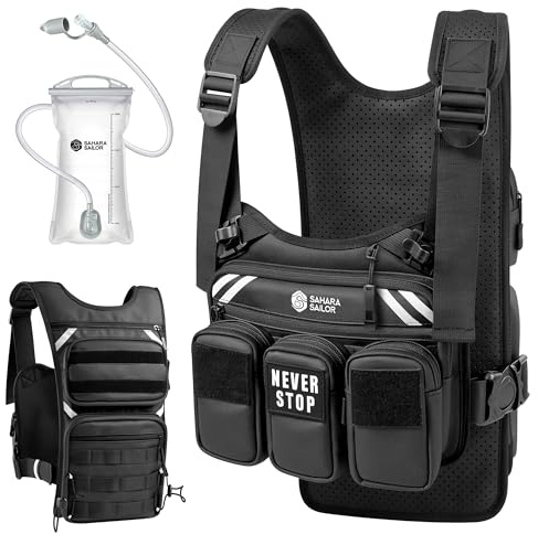 Chaleco de correr para mujeres y hombres, mochila de hidratación con múltiples bolsillos con bolsa de agua de 2 L, almacenamiento modular Molle, hombro y cintura ajustables, reflectante, transpirable