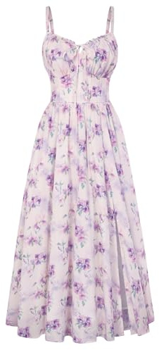SCARLET DARKNESS Women's Summer Floral Dress A-Line Corset Sleeveless Dress Midi Slit Strappy Dresses for Beach