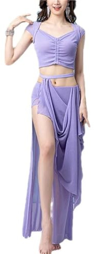 ERHTGUO Dam magdans topp delad kjol set vuxen elegant övningskläder kostym magdans scenprestanda danskläder outfit, Lila, L