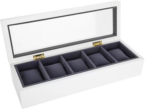 Generic Klockförvaringsfodral med 5 Galler, Elegant Displaylåda för Smycken, MDF och Glasdesign för Hem och Butik (Vit)