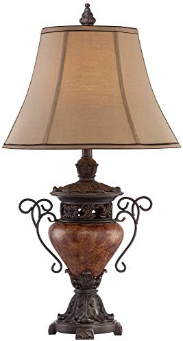 Regency Hill Traditional Style Table Lamp 31.5 Tall Bronze Brown Crackle Iron Metal Urn Faux Silk Bell Fabric Shade Decor for Living Room Bedroom House Bedside Nightstand Home Office