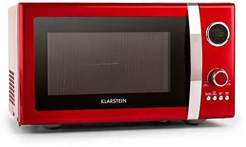 Klarstein Fine Dinesty Retro Microwave Oven with Grill Function Digital Display Timer (12 Programmes, 800W Microwave and 1000W Grill Power, 3 Defrost Levels) Red