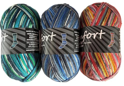 Sockenwolle Strumpfwolle Comfort Color 3x150gr 6-fädig Color 150gr 375m/LL 600gr für besonders warme Füße Set Bunt (Set 1-3 )