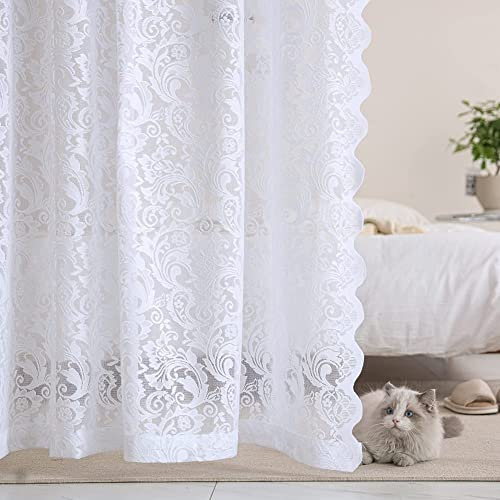 YJ YANJUN White Floral Lace Curtains - Shabby Chic Lace Panel Curtains for Living Room/French Door - 1 Pair, 52 W x 72 L Inch (132cm Width x 183cm Drop)