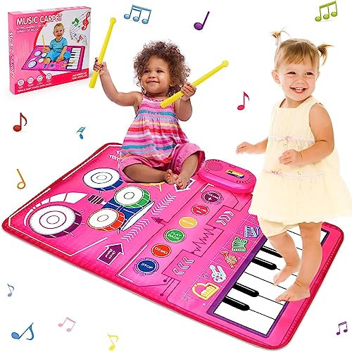 Maggidea 2 in 1 Musical Toys for Toddlers 1-3 Piano Keyboard & Drum Mat, Music Sensory Play Mat Baby Toys for 1 Year Old Developmental Toddler Girl Toys (Pink)