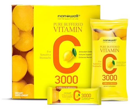 NANOWELL Pure Buffered Vitamin C 3000 mg per Serving, Dietary Supplement for Immune Support - 60 Sticks x 1 Box, 2 Months Supply (60 Count)