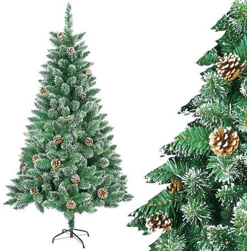 SUBTLETY 150cm Árbol de Navidad Artificial con Soporte (Ø Aprox. 76cm) Árbol de Navidadde PVC Ignífugo Agujas de Pino Sistema de Montaje y Plegado Rápido Árbol Decoración Navideña (Verde con Nieve)