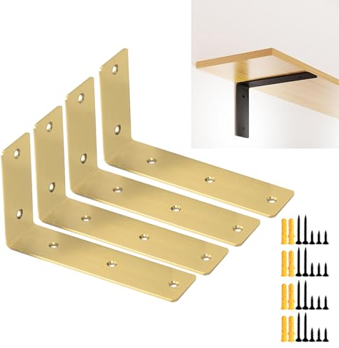 Catekro 4 Stück schwebende Regalhalterungen, 90 ° rechtwinklig, L-Halterung, Eckwinkel, Metall-Eckstrebe für Holzmöbel, Schränke, Stühle (Gold)