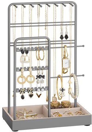 SONGMICS Portagioie, Porta Collane e Orecchini, Espositore per Gioielli, Metallo, Vassoio in Velluto, per Collane Bracciali Orecchini Anelli, Idea regalo, Grigio Tortora JJS021G01