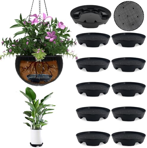 7.16” Self Watering Planter Insert, 10 Pack Invisible Hanging Basket Drip Pan Hanging Basket Planter Plant Auto Watering Devices Plastic Water Catcher Saucer Tray for Outdoor Indoor Pots Liners