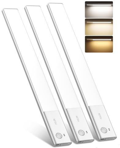 FULEN Unterbauleuchte Küche LED, Schrankbeleuchtung Lampe Bewegungsmelder Innen, 38cm led Licht Kabellos mit Batterie Wiederaufladbar, Unterschrank Beleuchtung Küche, Silber, 3 Stück
