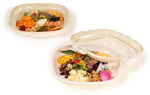 Crudités | Portable Snack Tray | Square 2-Pack | Cream White | Reversible Stretch Lid Food Containers | BPA-Free, Freezer & Dishwasher Safe | Meal-Prep, Charcuterie, Salads, Picnic, Travel