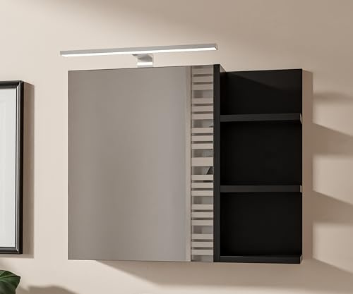 HAJDUK FURNITURE Schwarz Badezimmerschrank mit LED Beleuchtung, B:60 x H:50 cm Spiegelschrank Bad 1 Tür Hängeschrank Badezimmer Griffloser Öffnung Ablagen Rechts