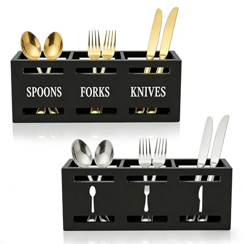 DIYJEP 2Pcs Küchenutensilienhalter mit 3 Fächern(Schwarz) | Hölzerner Utensilienorganisator, Multifunktionaler Korb zur Aufbewahrung von Küchenutensilien für Gabeln, Messer, Löffel