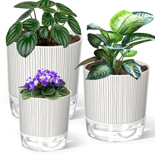 IWTTWY 3 Pack Self Watering Plant Pots Indoor, 11/14/16cm Auto Watering Planter with Wick Rope and Reservoir, Plastic Plant Pots for House Plants, Herbs, Pothos, Snake Plants, Peace Lily, Orchid