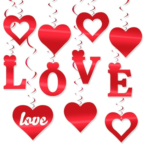 FOSDICK 11 Pezzi Decorazioni Pendenti Cuore Glitter per San Valentino, “LOVE” Lettera e Ghirlanda Rossa Romantica da Appendere per Matrimonio Anniversario Compleanno Feste Casa Soffitto