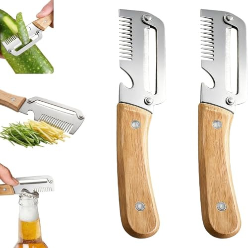 Dual-Purpose Shredder and Vegetable Peeler with Bottle Opener, Stainless Steel 2-in-1 Fruit Peeler with Wooden Handle Kitchen Tool (Wood,2)