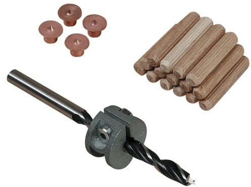 wolfcraft 2918000 - Lot d'Assemblage avec Foret à Bois, Butée de Profondeur, 4 Centreurs et lot de 19 Tourillons - Diamètre 10 mm