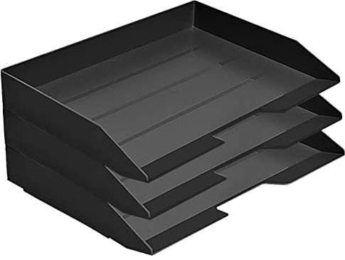Acrimet Stapelbare Briefablage im Querformat, Büro-Organizer für Papier und Dokumente im A4-Format, Robuster Kunststoff (Farbe Schwarz) (3 Stück)
