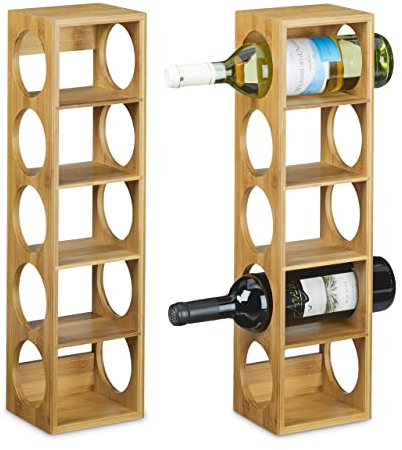 Relaxdays 2X Weinregal Bambus, Flaschenhalter 5 Fächer, Holzregal für Wein, Flaschenregal modern, HxBxT: 53 x 14 x 12 cm, Natur