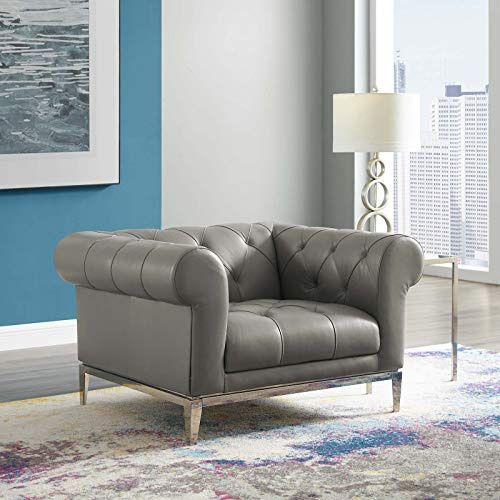 Modway EEI-3443-GRY Idyll Tufted Button Upholstered Leather Chesterfield Armchair, Gray
