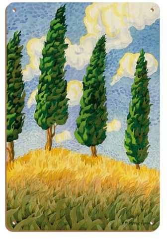 Touch the Sky - Tuscany Italy - Italian Cypress Trees - From an Original Watercolor Painting by Robin Wethe Altman - 8 x 12 inch Vintage Wood Art Sign