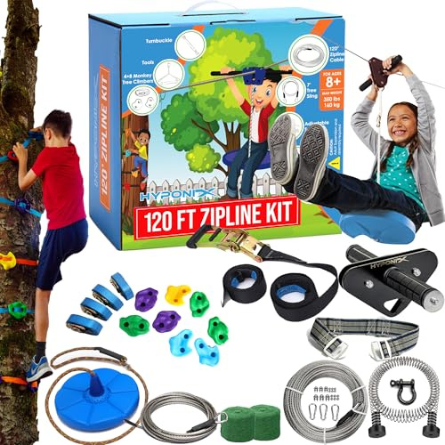 Hyponix Zip Line Kit for Backyard Kids and Adults 120 ft, Up to 350 Lbs