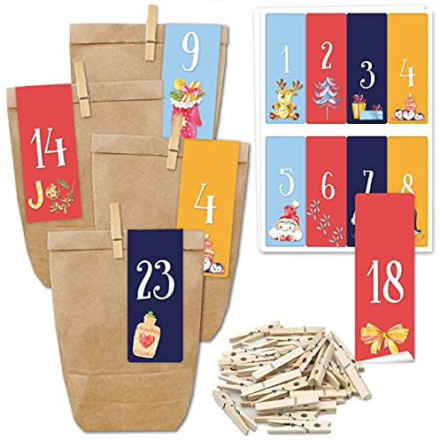 Papierdrachen Adventskalender zum Befüllen - 24 Geschenktüten und 24 Zahlenaufkleber und Klammern - Motiv Cozy Christmas - zum selber füllen und basteln - Weihnachten - Mini Set Nr 271