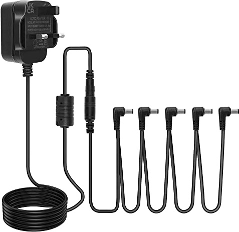 9V 1A Pedal Power Supply Adapter, DC Jack Center Negative Sleeve Positive, Barrel 5.5mm x 2.1mm, One Spot Charging Adaptor Wall Charger with 5 Way Daisy Chain Cables for Guitar Effects Pedal Stompbox