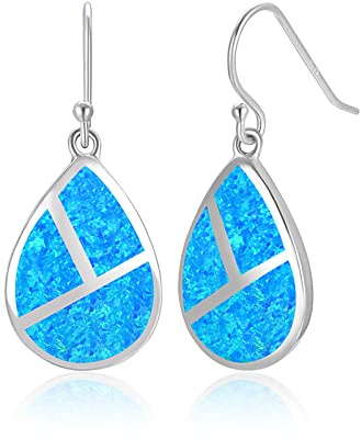 925 Sterling Silber Lange Ohrringe Blau Weiß Feueropal Birnenförmige Ohrringe Damen Ohrhänger,Synthetischer Opal