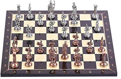 CAZARU Schach Antik Kupfer Rom Figuren Metall Schachspiel für Erwachsene Handgemachte Stücke und Nussbaum gemustertes Holz Schachbrett König 7cm