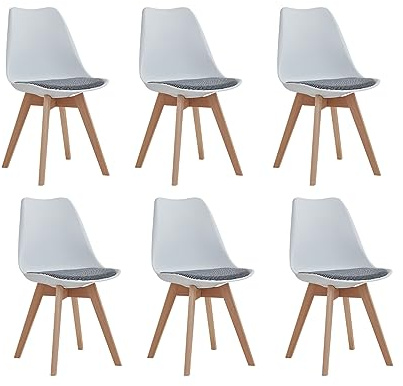 GrandCA HOME Juego de 6 Sillas de Comedor con Patas de Haya Maciza, Diseño Retro, Tapizadas, Sillas de Cocina, Madera,Blanco-QNG