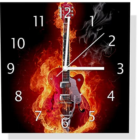 Wallario Design Wanduhr Brennende Gitarre aus Aluverbund, Alu-Uhr Größe 30 x 30 cm, weiße Zeiger mit Metalloptik