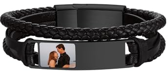 Supcare Herren Armband mit Foto Text Lerderarmband mit magnetischem Edelstahl Verschluss Leder Armreif Schwarz 19cm Lederband für Männer Punk Wickelarmband Personalisiert Modeschmuck für Jungen