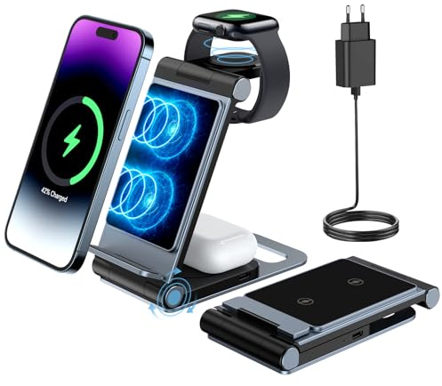Wireless Charging Station for iPhone Wireless Charger 3 in 1 Charging Station for Apple,Foldable Stand for iPhone 16/15/14/13/12/11,for iWatch 10/9/Ultra/8/SE/7/6/5,for Airpods Pro 3 2 Elegant Black