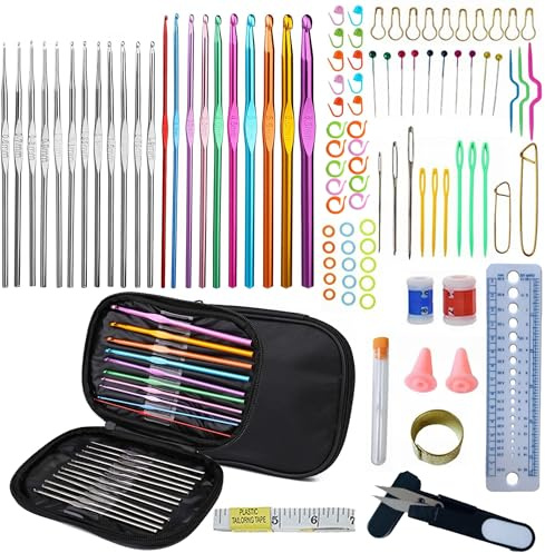 laeeyin 100-delars virknål-set, färgglada virknålar set mjukt gummi komfort grepp virkning sticknålar kit hushållsverktyg med bärbar väska (svart)