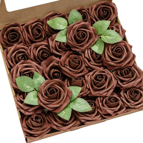 Ling's moment Artificial Flowers 25Pcs Walnut Brown Roses Decor w/Stems,3 DIY Foam Floral for Wedding Bouquet/Centerpieces, Outdoors Party Backdrop, Room/Table, and Garden/Pot Decorations