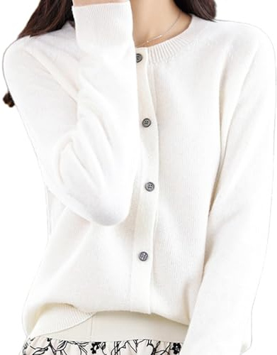 DJFOG Kashmircardigan, tröja för kvinnor, kashmir, knappar fram, långärmad cardigan, mjuka, varma, stickade, elastiska tröjor, Vitt, M