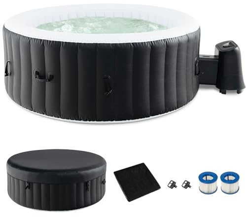 GYMAX Hot tub, uppblåsbar badtunna med 130 lugnande luftbubblor, isolerat låsbart lock, markmatta och filtermönster utomhus, uppblåsbar bubbelpool för bakgård, terrass (rund 2