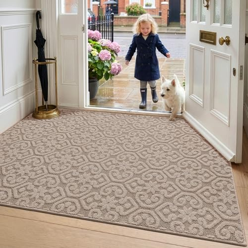 DEXI Dörrmatta 80 x 120 cm, smutsfångare dörrmattor inomhus, absorberande halkfria dörrmattor inuti låg profil välkomstmatta för entré, ytterdörr, entré, hall, uteplats, beige | Polypropylenyta, halkfri TPR-gummibaksida, låg profil, tvättbar, entréområden, hall