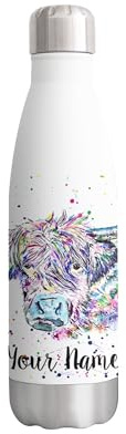 Vixar Highland Cow Personalised Custom Bottle with your Text/name Watercolour Scottish farm Animals Bottle Double Wall Insulated Stainless Steel Sport Drinks 500ml HC2