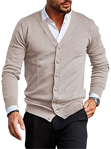 Runcati Cardigan da uomo senza colletto con scollo a V cardigan camicia lavorata a maglia giacca leggera giacca di transizione, Beige, M