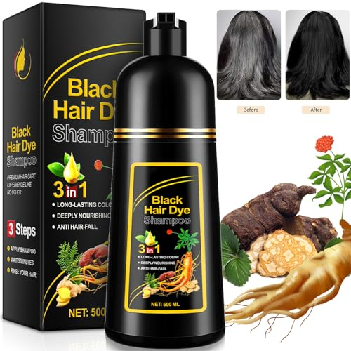 Champu Tinte Canas de Pelo para Hombre y Mujeres, 500ML Hair Dye Champoo 3 en 1 Natural Champú para cabello instantáneo, Natural y Duradero Champu Tinte Canas Hombre Mujeres (Negro)