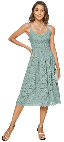 Atnlewhi Damen Vintage ärmellosen V-Ausschnitt A-Linie Kleid Blumen Knielang Spitzenkleid Brautjungfer Elegante Cocktailkleider - Hellgrün - S
