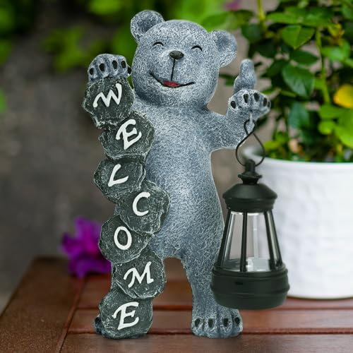 Cuteefun Oso Gris Solar Jardín Estatua Ornamento al Aire Libre, Figuras de Animales de Jardín con Luz Solar, Resistente a la Intemperie Durable para Yard Lawn, Regalos de Cumpleaños para Mujeres